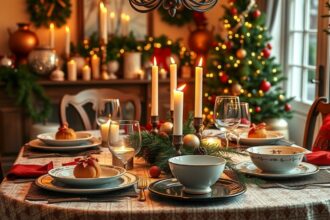 Karácsonyi vacsora otthon, ünnepi asztal díszítéssel.