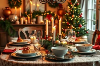 Karácsonyi vacsora otthon, ünnepi asztal díszítéssel.