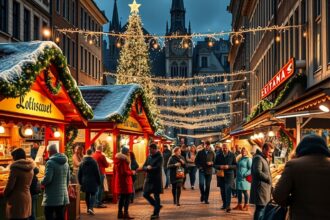 Karácsonyi vásár külföldön, hóval borított pavilonok és világítás.