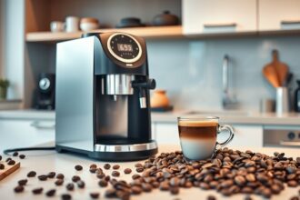 Kávégép és friss kávé a konyhapulton