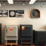 Különböző kemencék bemutatva egy üzletben, árakkal megjelölve.