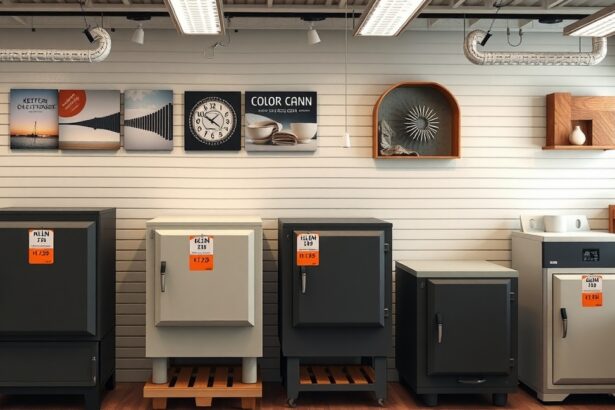 Különböző kemencék bemutatva egy üzletben, árakkal megjelölve.