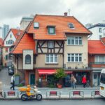 Hagyományos és modern épületek Magyarországon városi környezetben.