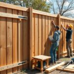 Férfiak kerítést építenek fából, munkálatok során.