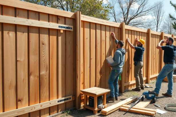 Férfiak kerítést építenek fából, munkálatok során.