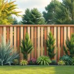 Modern fából készült kerítés zöld növényekkel a kertben