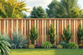 Modern fából készült kerítés zöld növényekkel a kertben