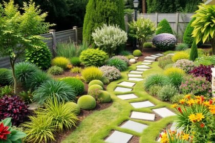 Szép kertépítés változatos növényekkel és kövekkel