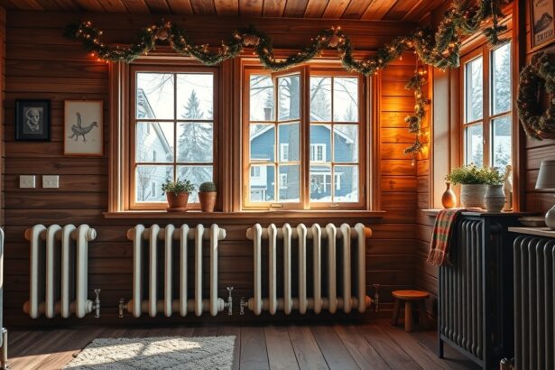 Téli fűtési rendszer otthon, radiátorok és ablakok díszítve.