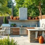 Modern kerti konyha stílusos teraszon zöld környezetben