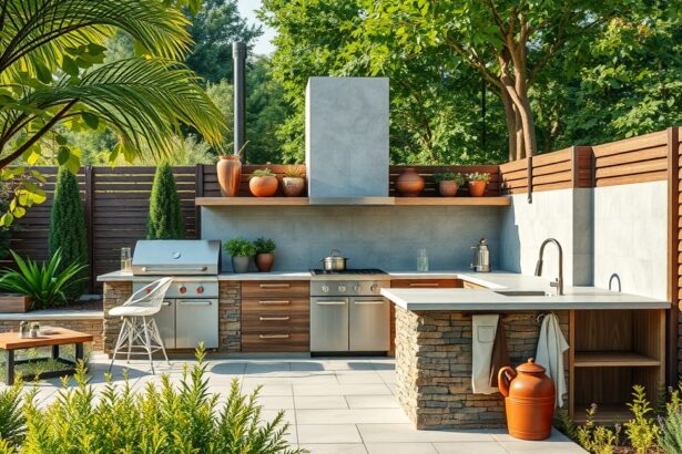 Modern kerti konyha stílusos teraszon zöld környezetben