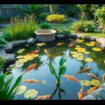 Színes halak egy gyönyörű kerti tóban, tündérrózsákkal körülvéve.