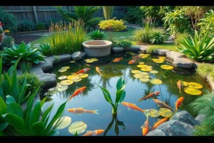 Színes halak egy gyönyörű kerti tóban, tündérrózsákkal körülvéve.