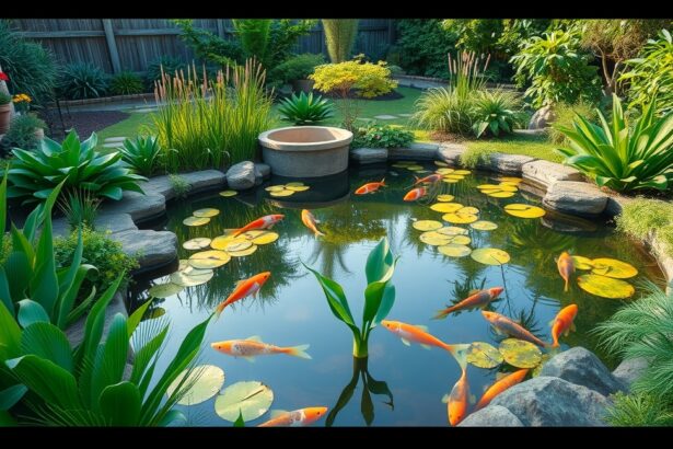 Színes halak egy gyönyörű kerti tóban, tündérrózsákkal körülvéve.