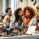 Kezdő sminktanfolyam résztvevőinek gyakorlat közben.