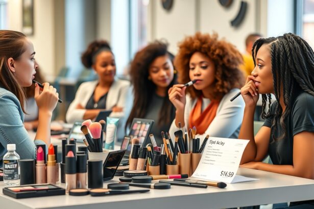 Kezdő sminktanfolyam résztvevőinek gyakorlat közben.