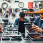 Két szakember elektronikai készülékek kijelzőjét javítja egy műhelyben.