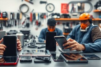 Két szakember elektronikai készülékek kijelzőjét javítja egy műhelyben.