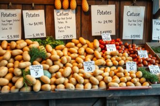 Friss burgonyák és árak egy zöldséges standon.