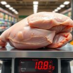 Friss csirkemell kilogrammra mérve egy boltban.