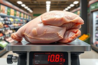 Friss csirkemell kilogrammra mérve egy boltban.