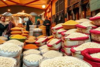 Rizs tálcák és zacskók az élelmiszerpiacon, különböző típusú rizs tárolva.