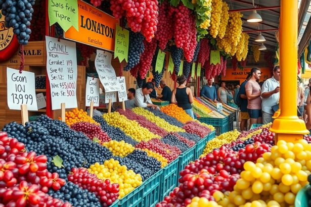 Friss szőlő választék a piacon, szín és fajta szerint.