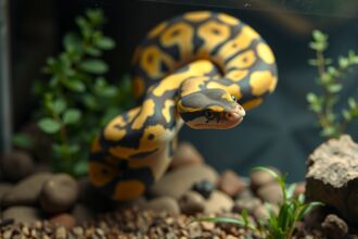 Királypiton egy terráriumban, zöld növények között.