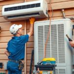 Klíma beszerelése munka közben szakemberek által.