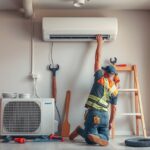 Klíma beszerelés folyamatban, szakember dolgozik a készüléken.