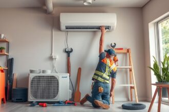 Klíma beszerelés folyamatban, szakember dolgozik a készüléken.