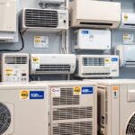 Különböző klímaegységek az üzletben, árakkal jelölve.