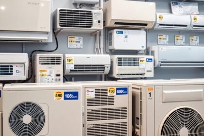 Különböző klímaegységek az üzletben, árakkal jelölve.