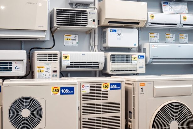 Különböző klímaegységek az üzletben, árakkal jelölve.