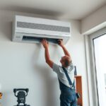 Klímaberendezés telepítése otthon, szakember munkában.