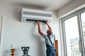 Klímaberendezés telepítése otthon, szakember munkában.