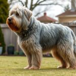 Komondor kutya a kertben, hosszú szőrrel és barátságos megjelenéssel.