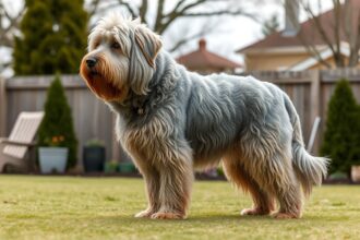 Komondor kutya a kertben, hosszú szőrrel és barátságos megjelenéssel.