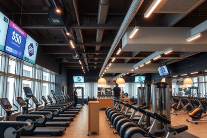 Modern edzőterem belső tér Budapesten, kardió gépekkel és fitnesz berendezésekkel.