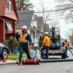 Gáz bevezetését végző munkások egy lakóövezetben