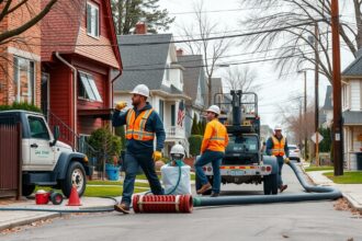 Gáz bevezetését végző munkások egy lakóövezetben