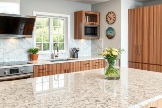 Modern konyha munkalappal és virágos vázával