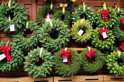 Különböző stílusú és színű koszorúk virágboltból.