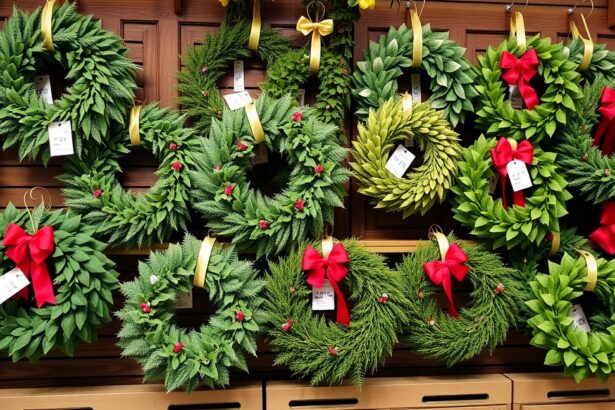 Különböző stílusú és színű koszorúk virágboltból.