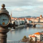 Vízmérő egy folyóparti városi tájban Magyarországon.