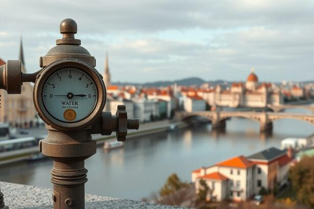 Vízmérő egy folyóparti városi tájban Magyarországon.