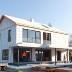 Könnyűszerkezetes ház építése, modern dizájnnal és építőmunkásokkal.