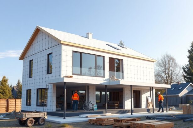 Könnyűszerkezetes ház építése, modern dizájnnal és építőmunkásokkal.