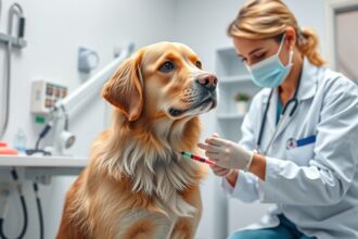 Kutyának oltást adó állatorvos a rendelőben