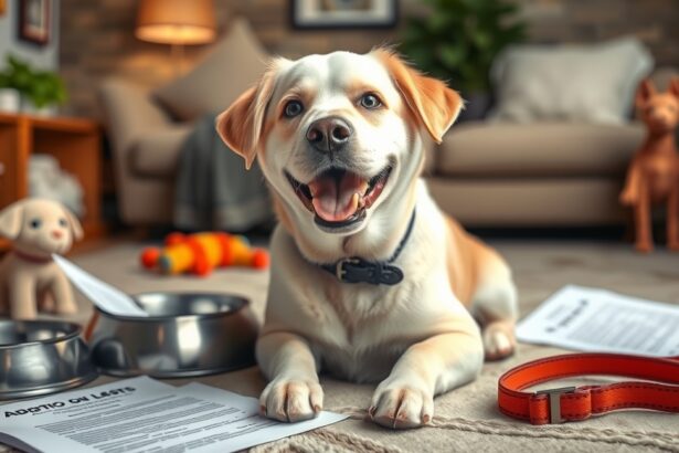 Barátságos kutya örökbefogadási dokumentumokkal és felszereléssel.